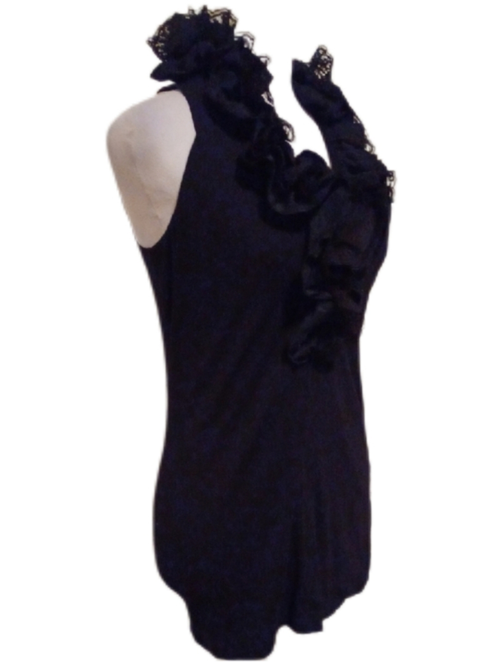 << CAbi Black Ruffled Lace Sleeveless Top Women's Size Medium
